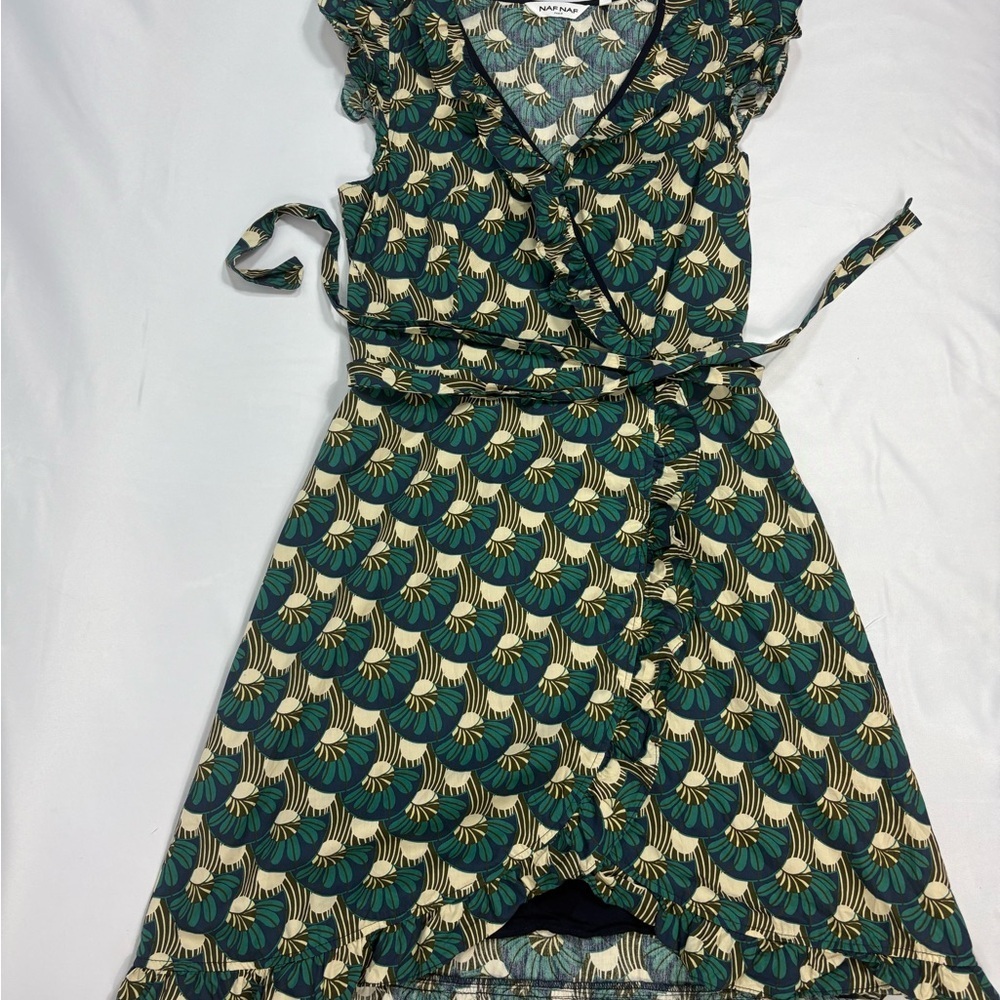 NAF NAF Green and Cream Patterned Mini Dress